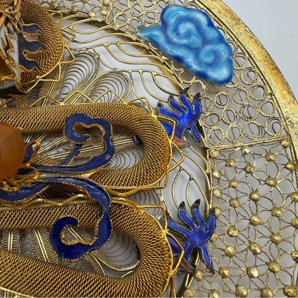 Golden Blue Dragon Wall Piece Chinese cloisonne copper filligre intricate design - Picture 3 of 15